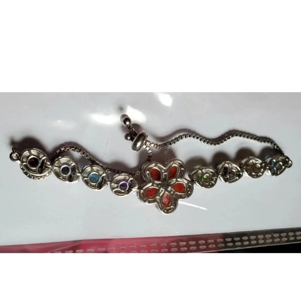 Mediterranean Coral Multigemstone Sterling Silver Bracelet - Picture 4 of 6